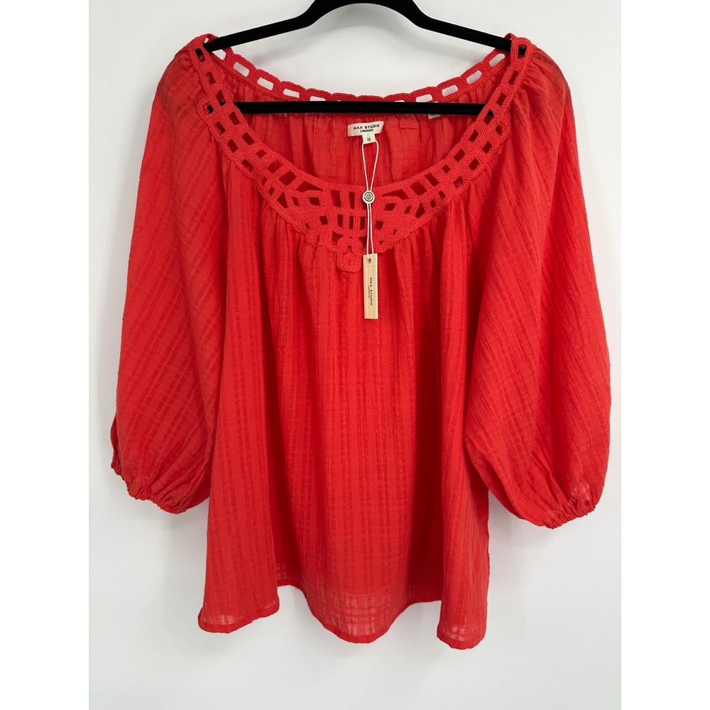 Max Studio Embroidered Trim Bubble‎ Sleeve Boho Relaxed Top Coral Size 1X NWT